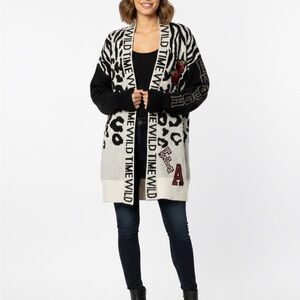 Women's Long Leopard & Zebra Print Patchwork Cardigan with Rose Embroidery